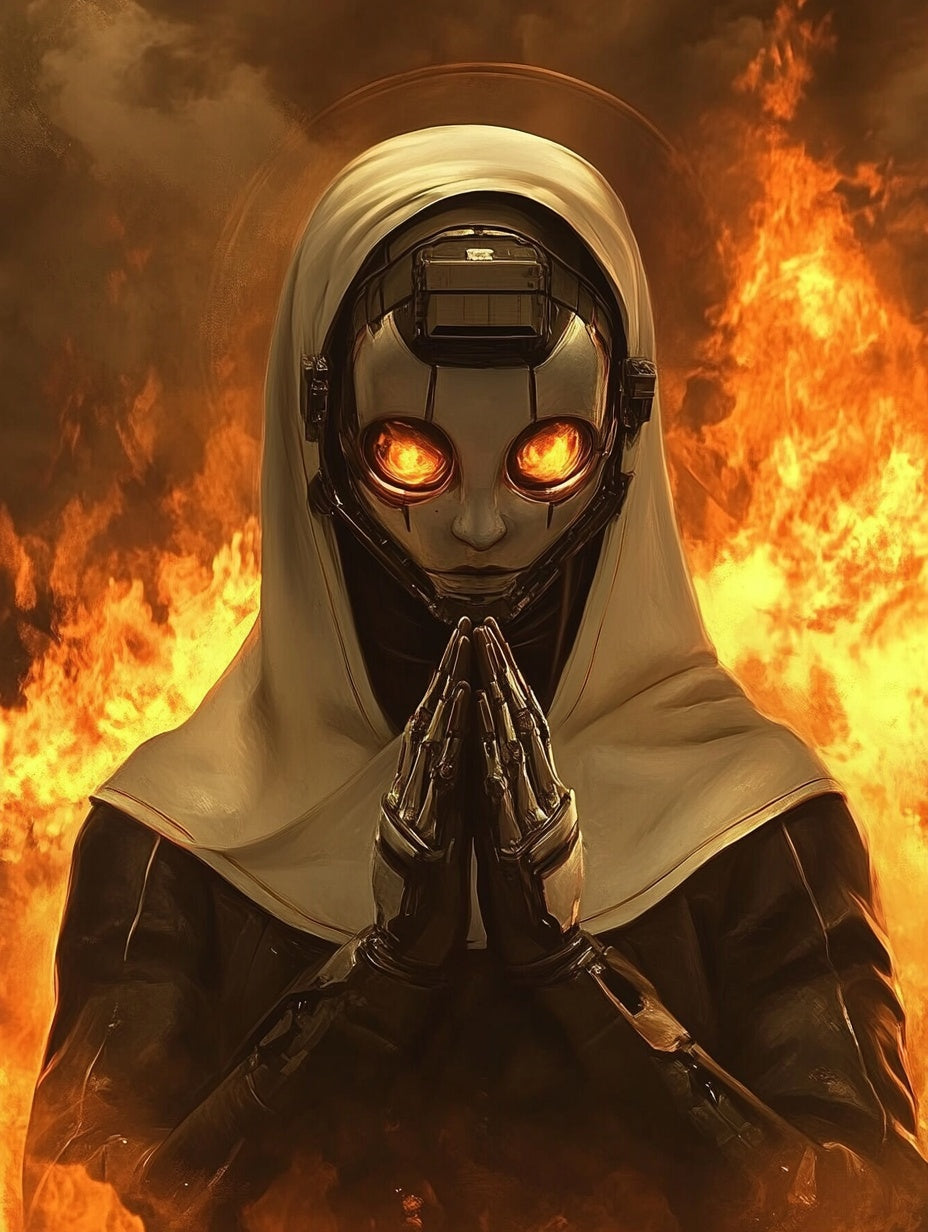 Futuristic Matte Vertical Poster - Robotic Figure with Flames