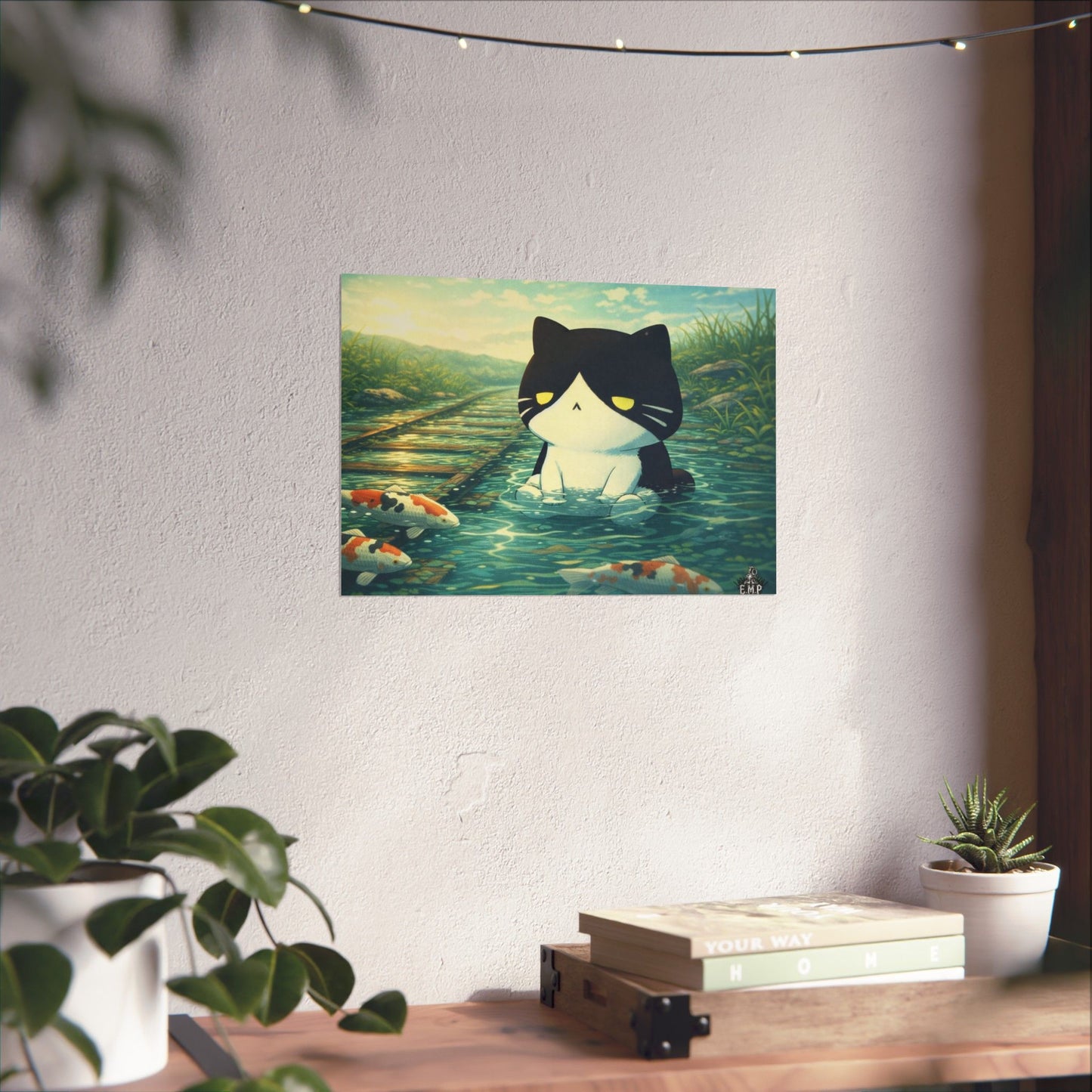 Kawaii Cat Pond Matte Horizontal Poster — Cute Cat with Koi Fish Wall Art