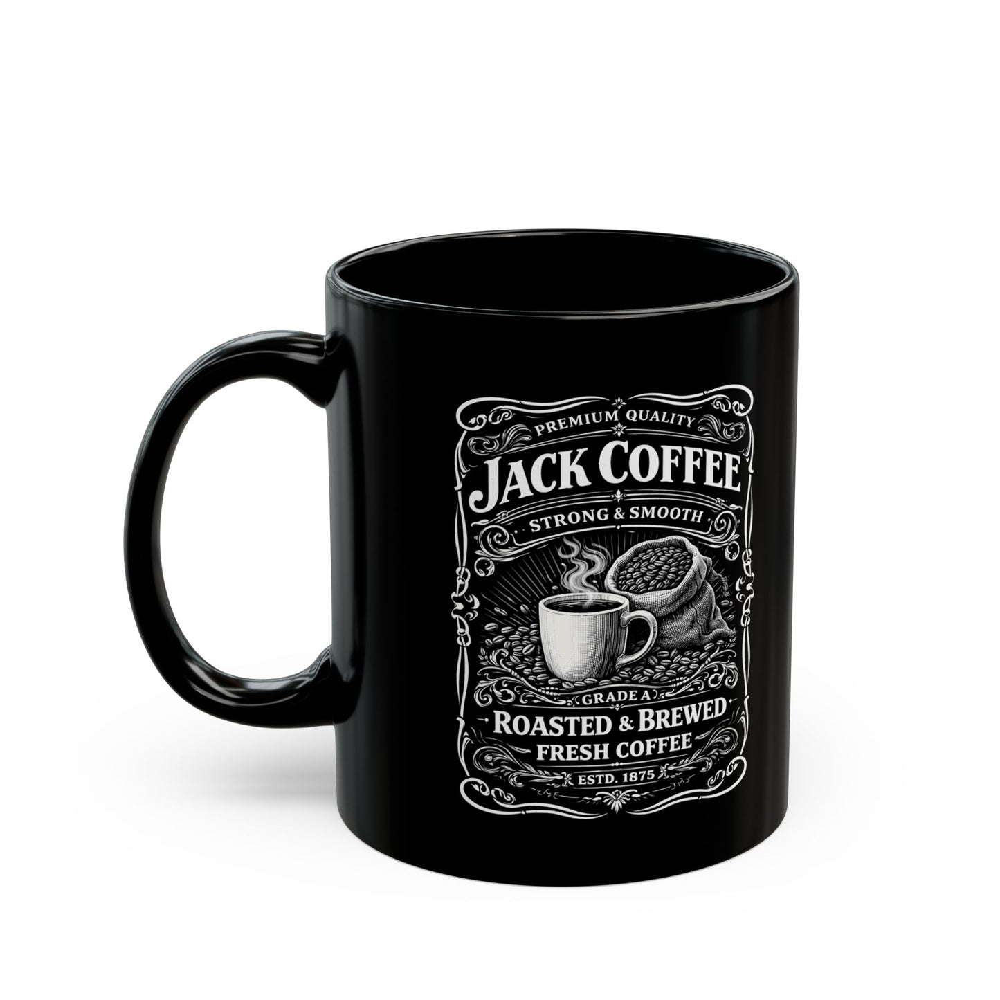 Jack Coffee Vintage Label Black Mug – Roasted & Brewed 11oz/15oz