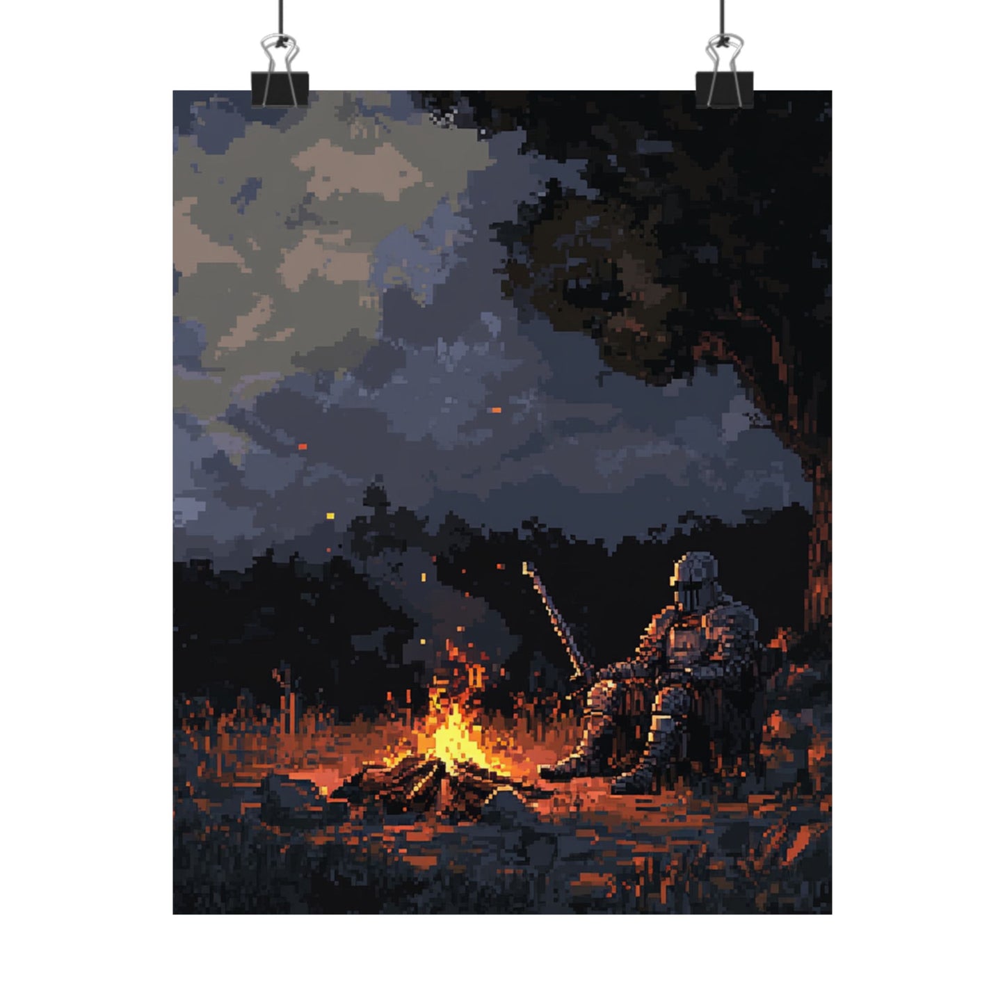Pixel Art Campfire Knight Poster - Adventure Decor for Gamers & Fantasy Lovers