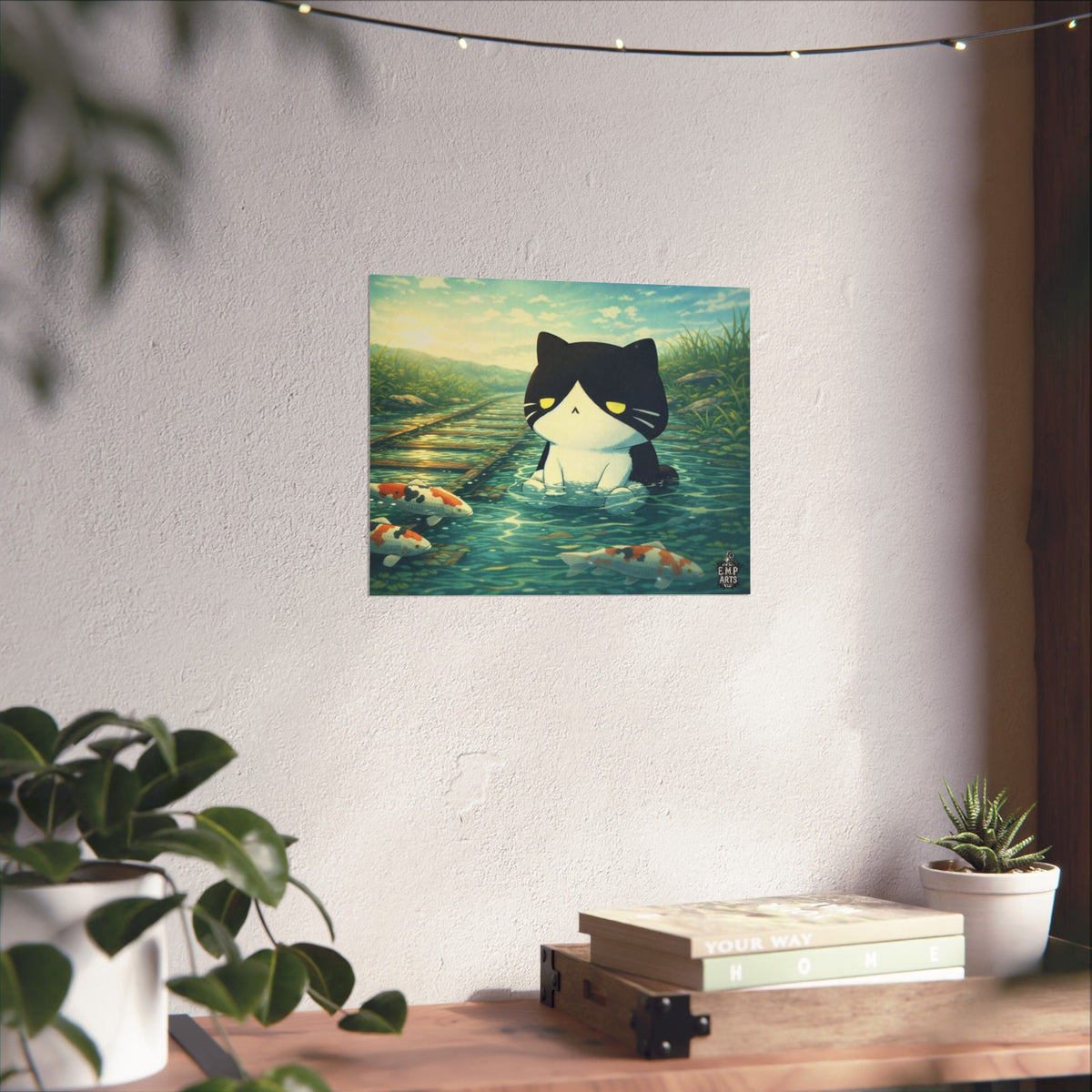 Kawaii Cat Pond Matte Horizontal Poster — Cute Cat with Koi Fish Wall Art