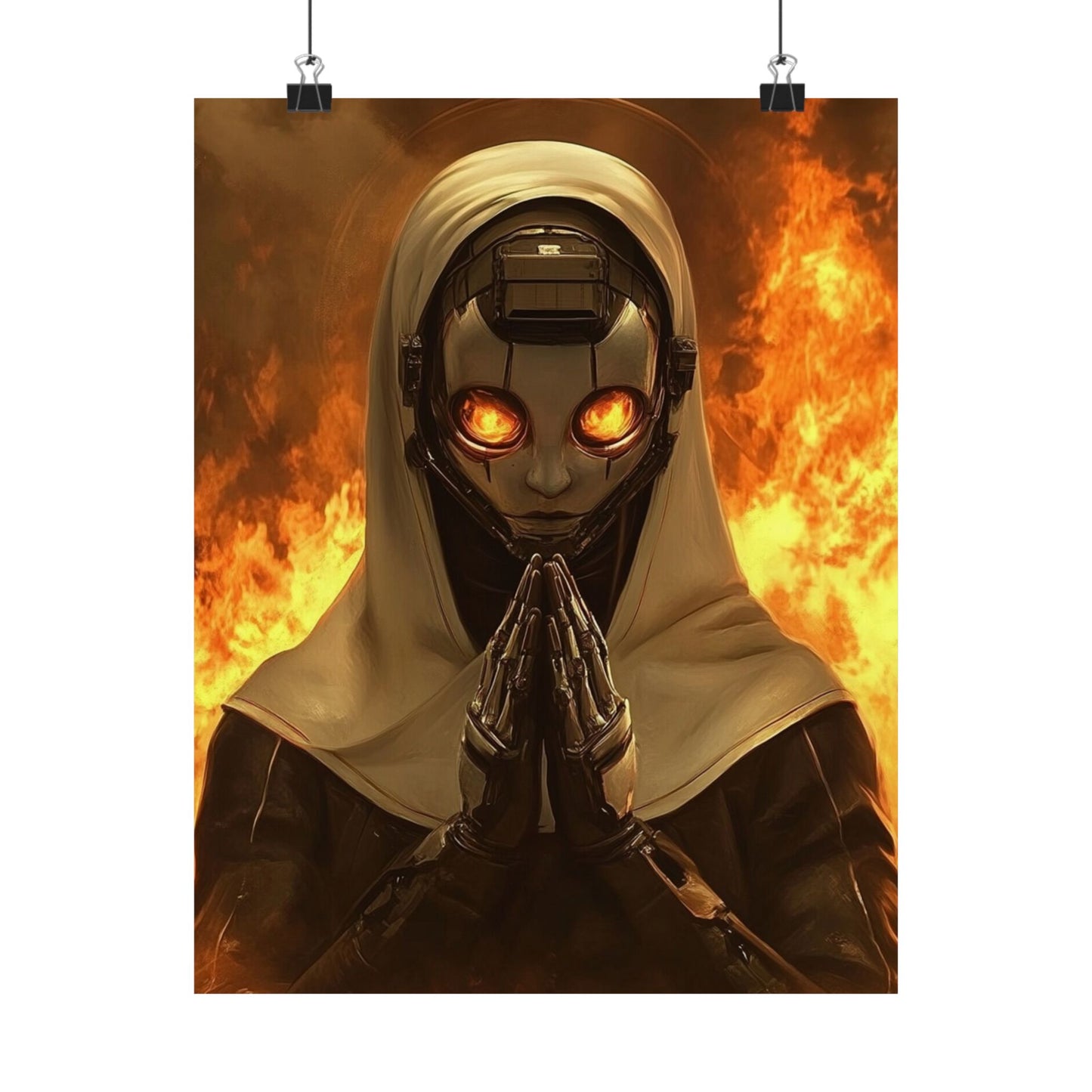 Futuristic Matte Vertical Poster - Robotic Figure with Flames