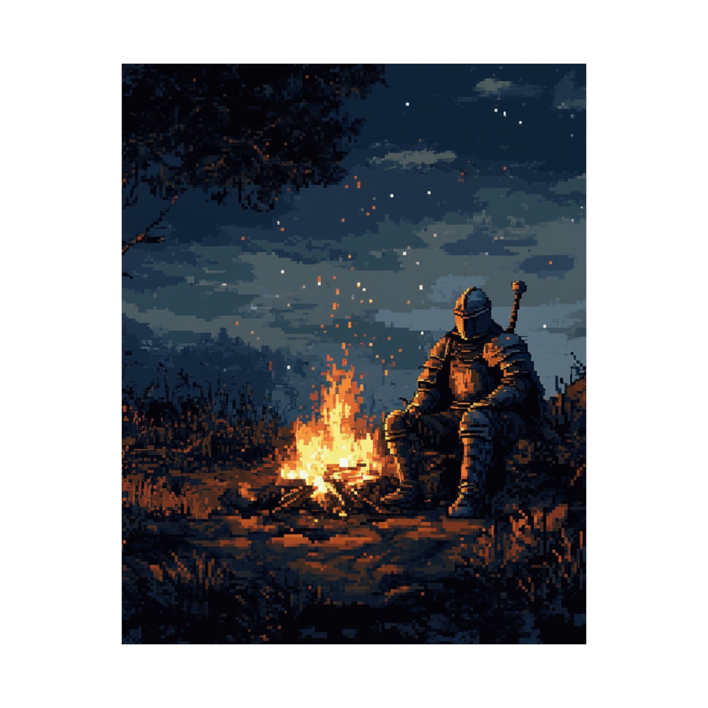 Epic Knight Campfire Matte Vertical Poster - Retro Pixel Art Decor