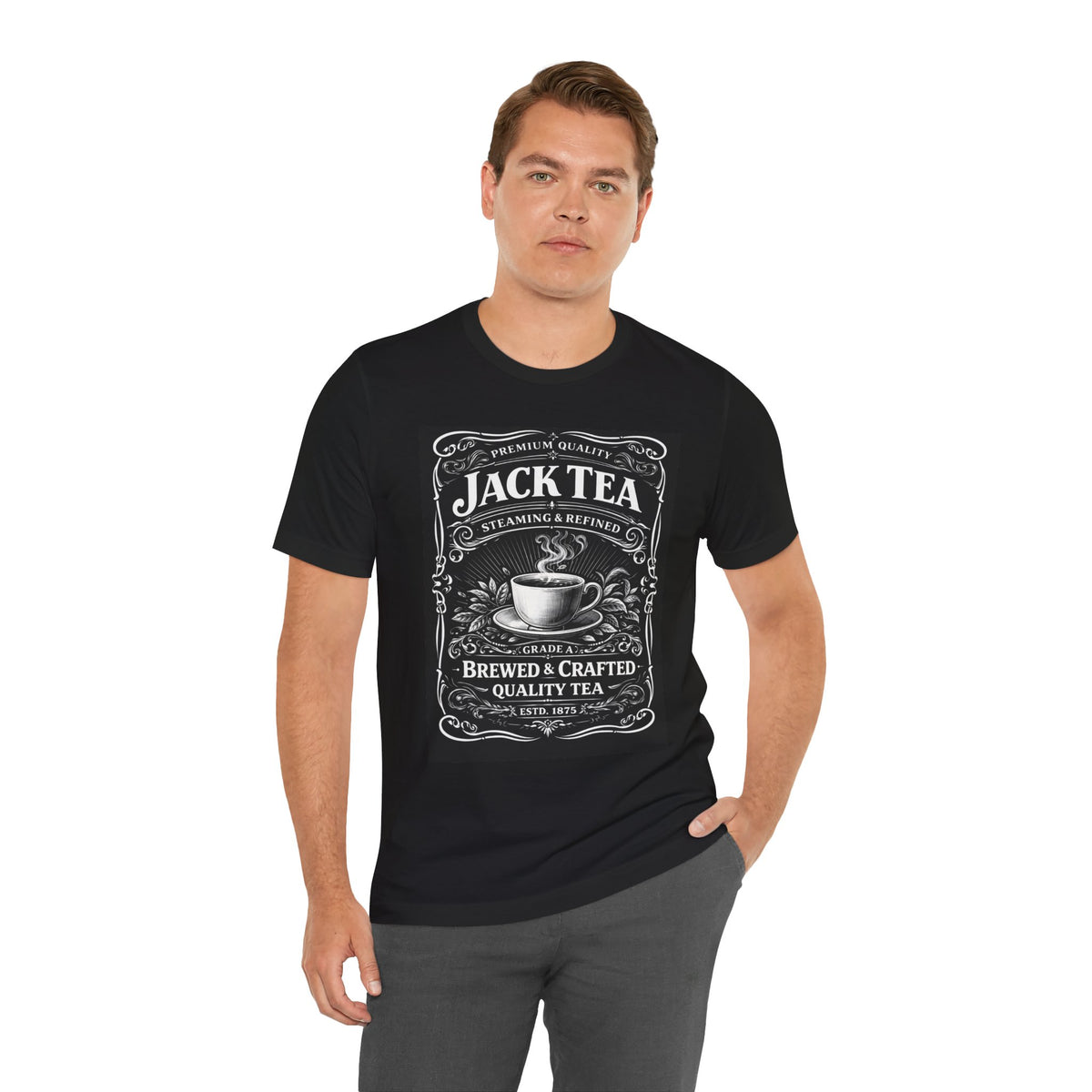 Jack Tea Vintage Label Tee — Brewed & Crafted Coffee-Style Tea Graphic T-Shirt