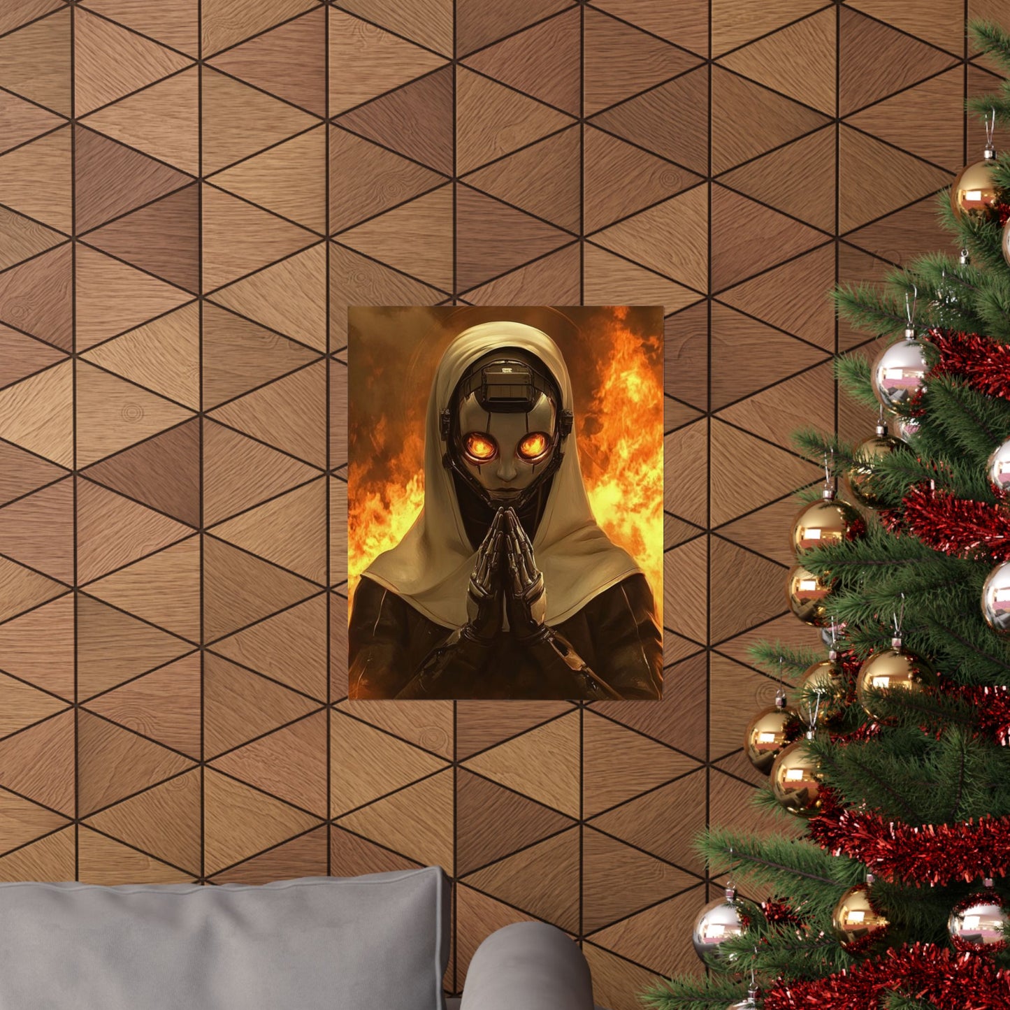Futuristic Matte Vertical Poster - Robotic Figure with Flames