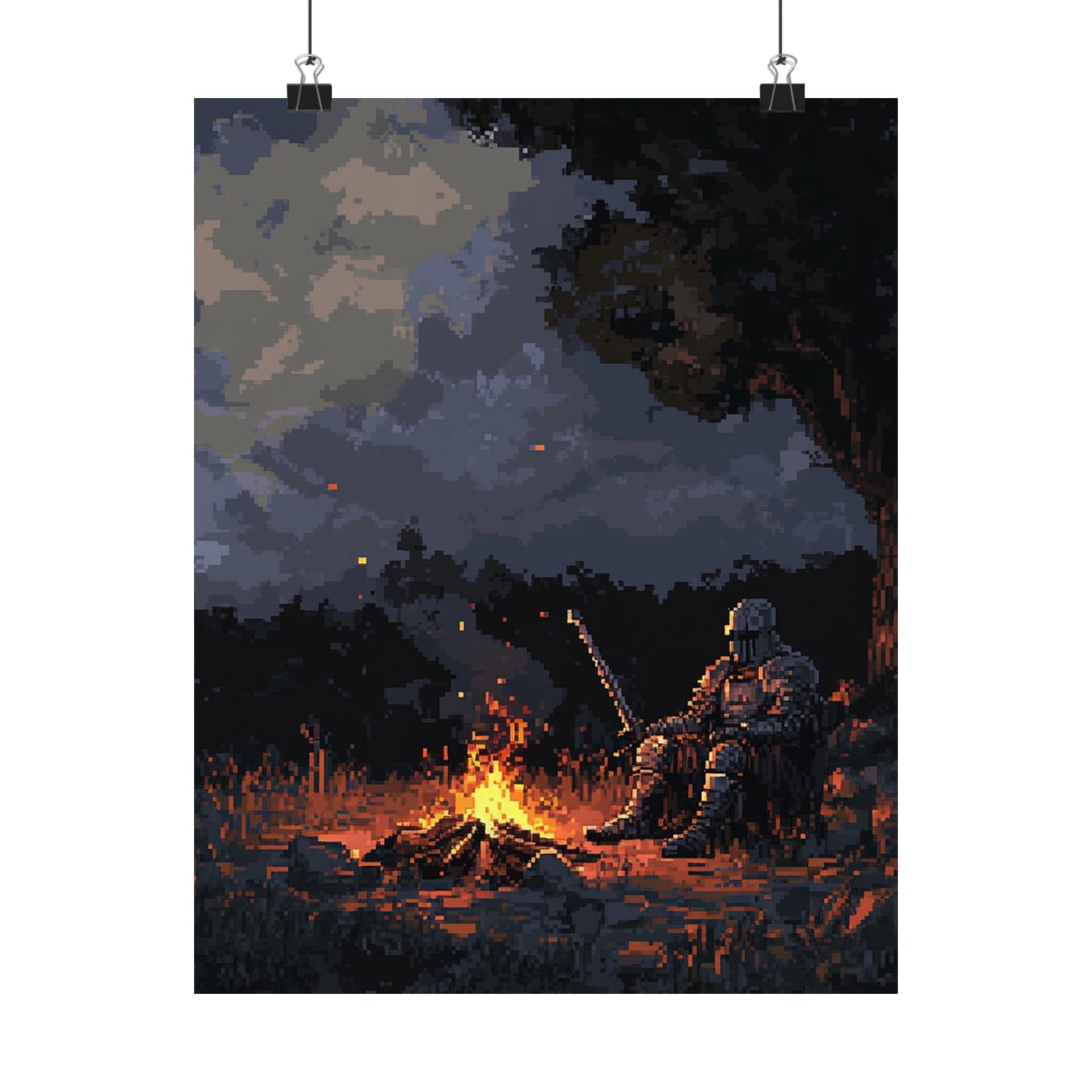 Pixel Art Campfire Knight Poster - Adventure Decor for Gamers & Fantasy Lovers