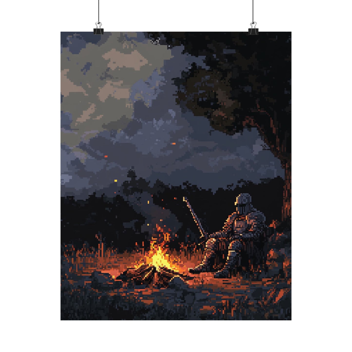 Pixel Art Campfire Knight Poster - Adventure Decor for Gamers & Fantasy Lovers