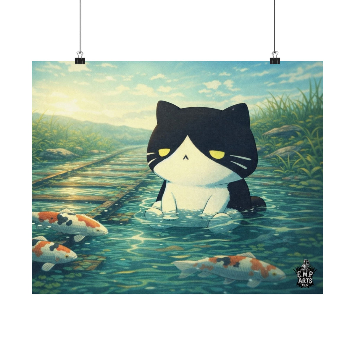 Kawaii Cat Pond Matte Horizontal Poster — Cute Cat with Koi Fish Wall Art