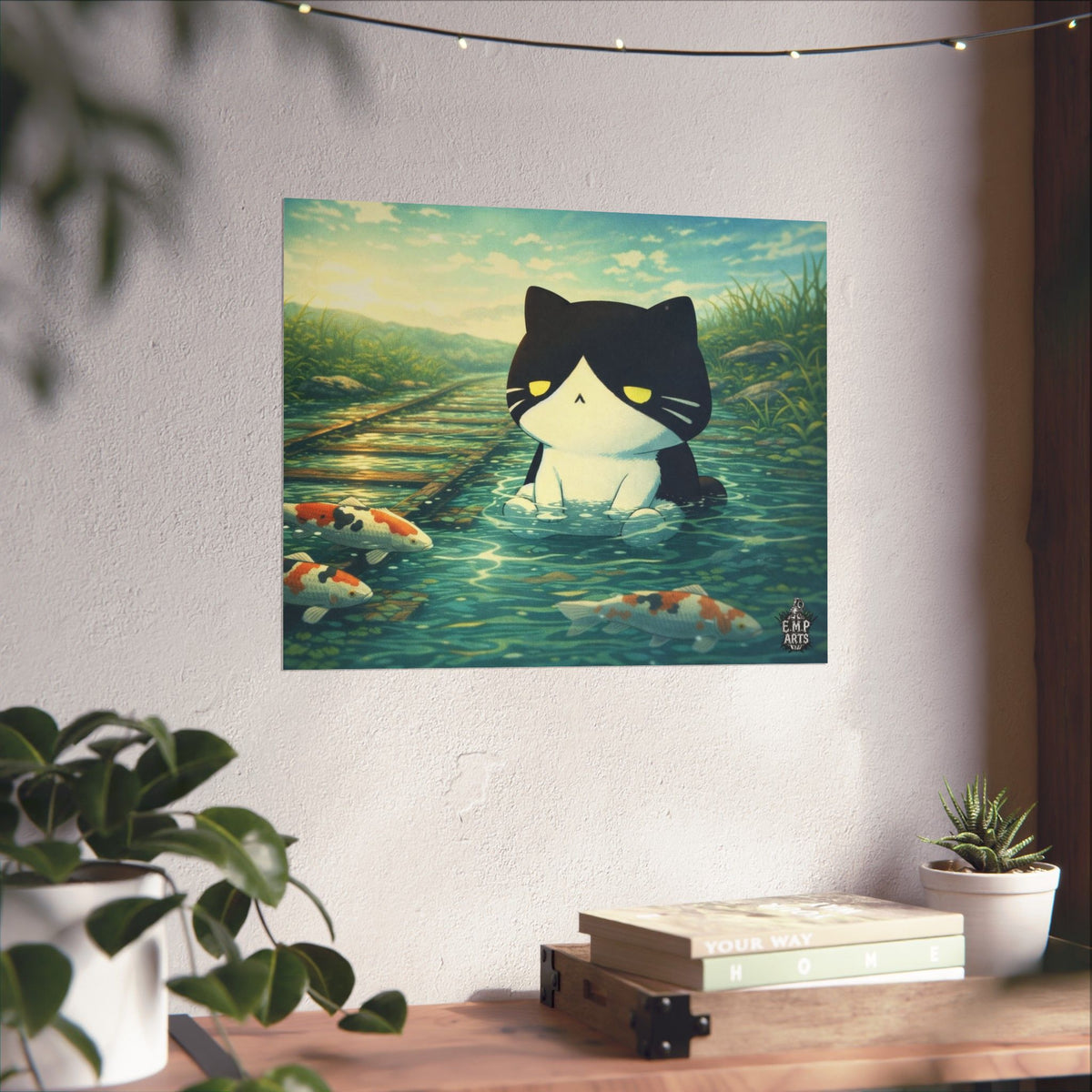 Kawaii Cat Pond Matte Horizontal Poster — Cute Cat with Koi Fish Wall Art