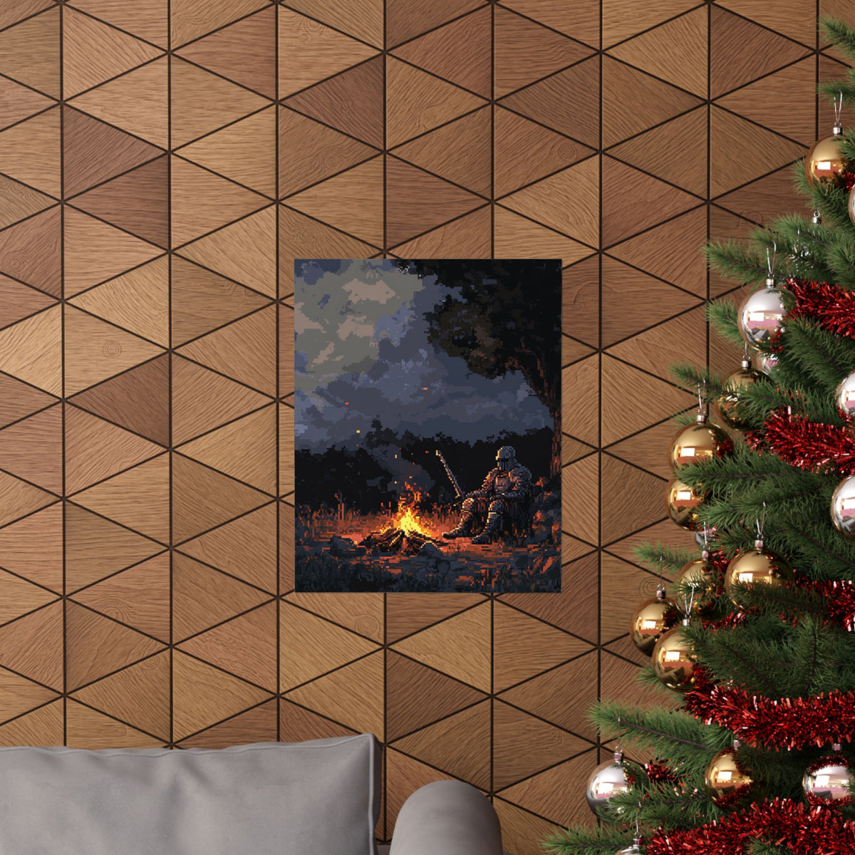Pixel Art Campfire Knight Poster - Adventure Decor for Gamers & Fantasy Lovers