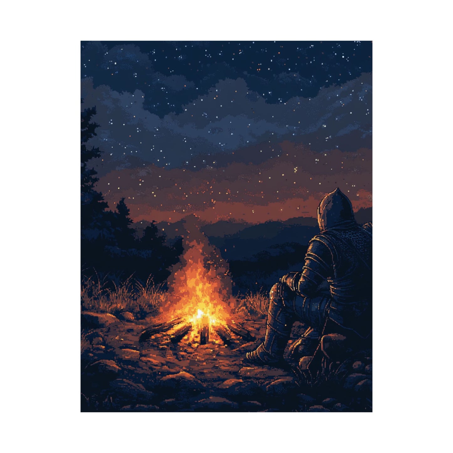 Serene Campfire Knight Matte Vertical Poster - Fantasy Wall Art for Adventurers