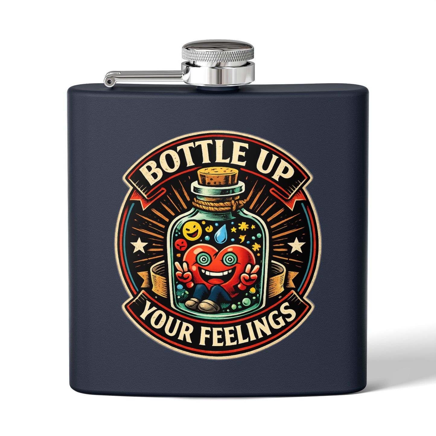 Flask — "Bottle Up Your Feelings" Retro Heart Illustration 6oz Stainless Steel Hip Flask
