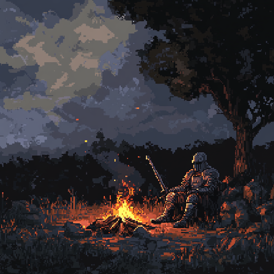 Pixel Art Campfire Knight Poster - Adventure Decor for Gamers & Fantasy Lovers