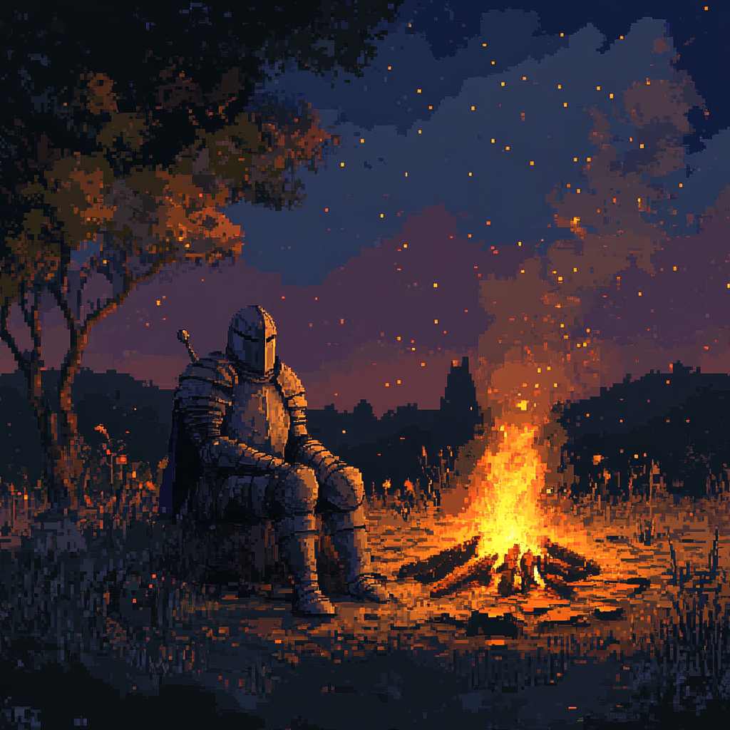 Medieval Knight Campfire Matte Vertical Poster | Cozy Decor for Gamers & Fantasy Lovers