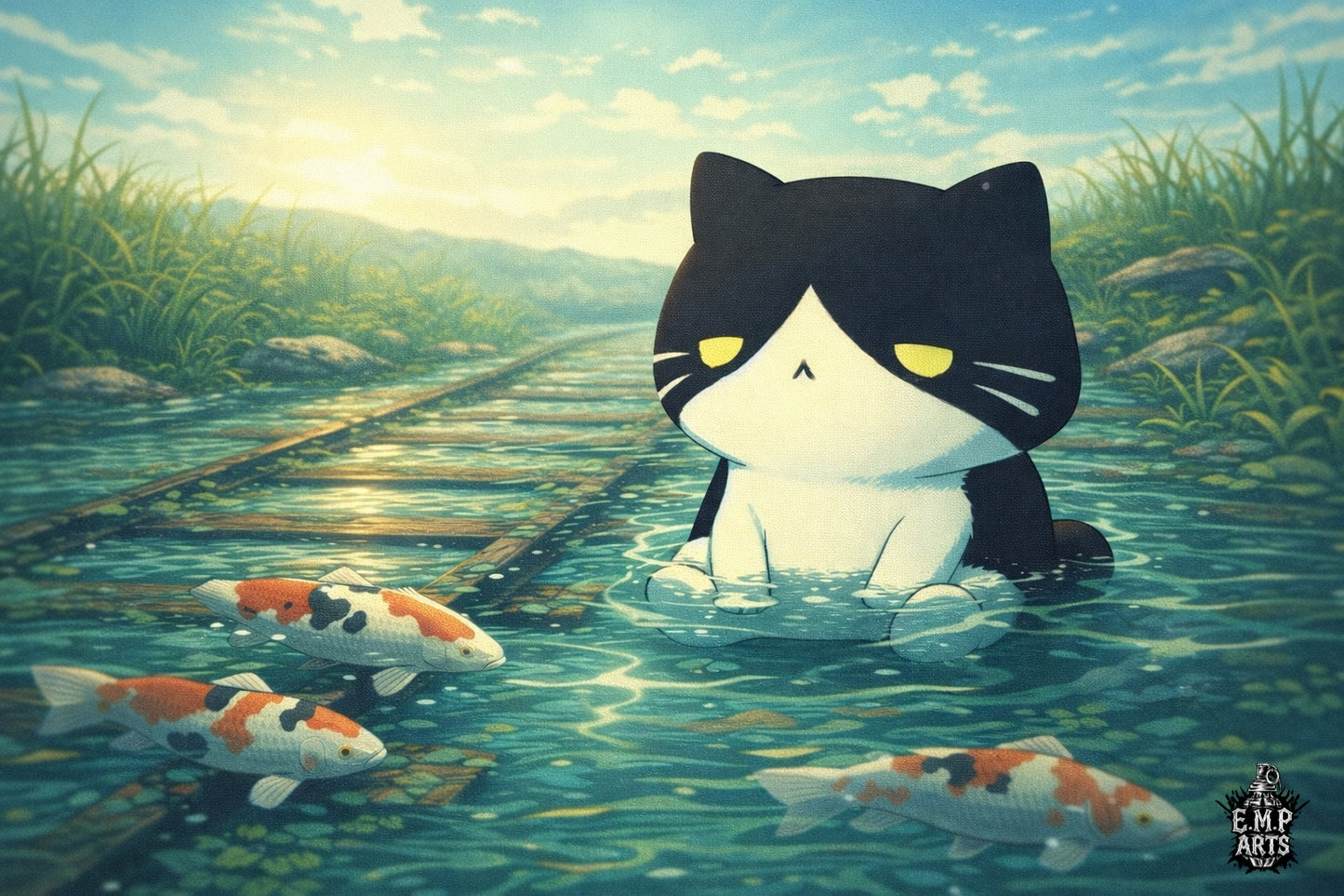 Kawaii Cat Pond Matte Horizontal Poster — Cute Cat with Koi Fish Wall Art