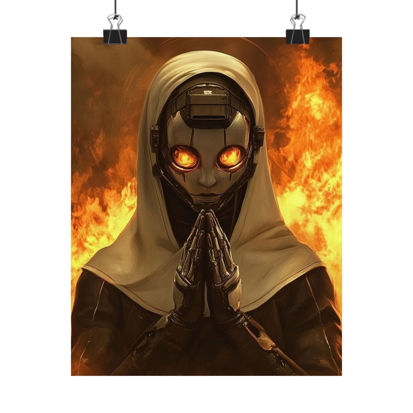 Futuristic Matte Vertical Poster - Robotic Figure with Flames