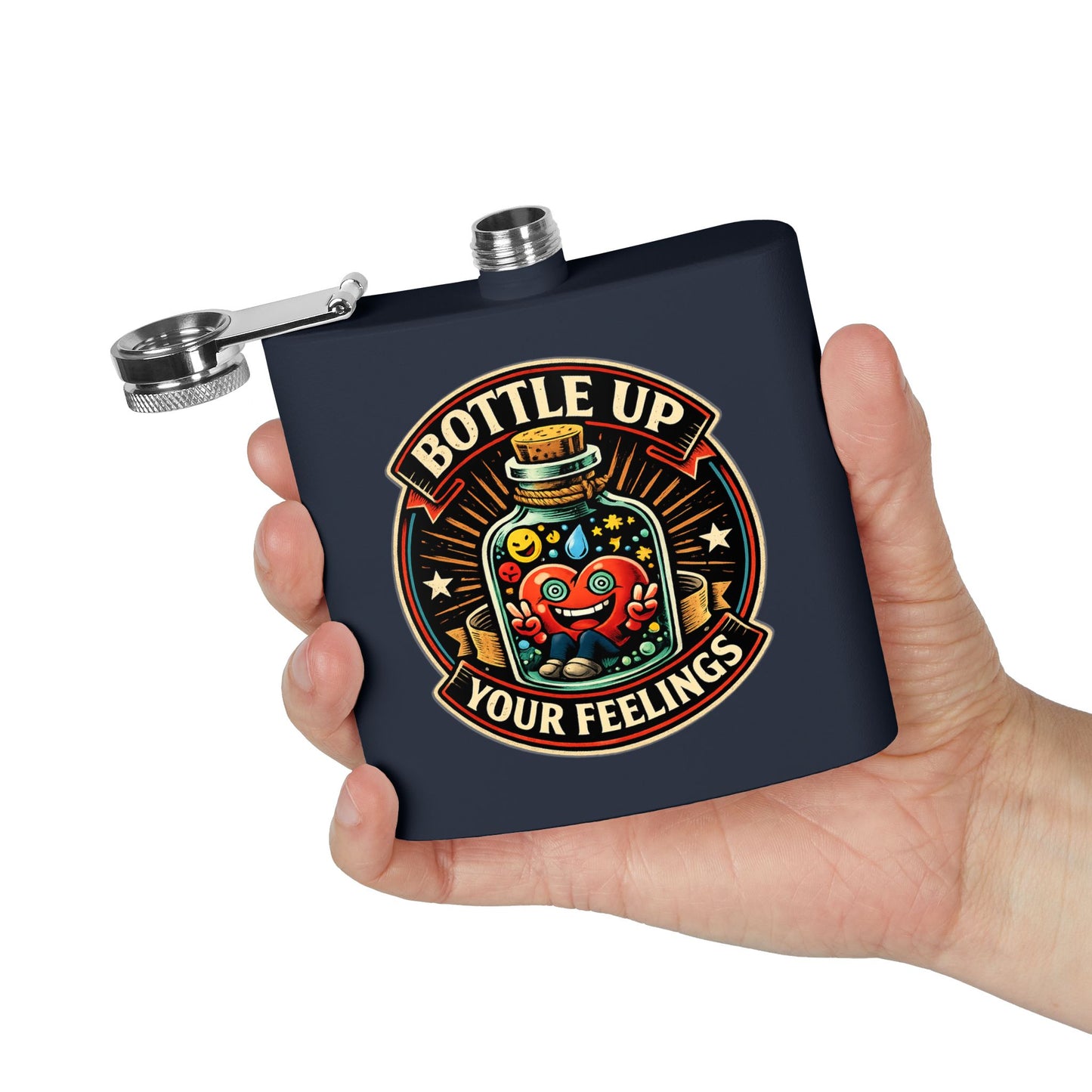 Flask — "Bottle Up Your Feelings" Retro Heart Illustration 6oz Stainless Steel Hip Flask