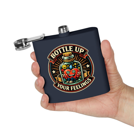 Flask — "Bottle Up Your Feelings" Retro Heart Illustration 6oz Stainless Steel Hip Flask