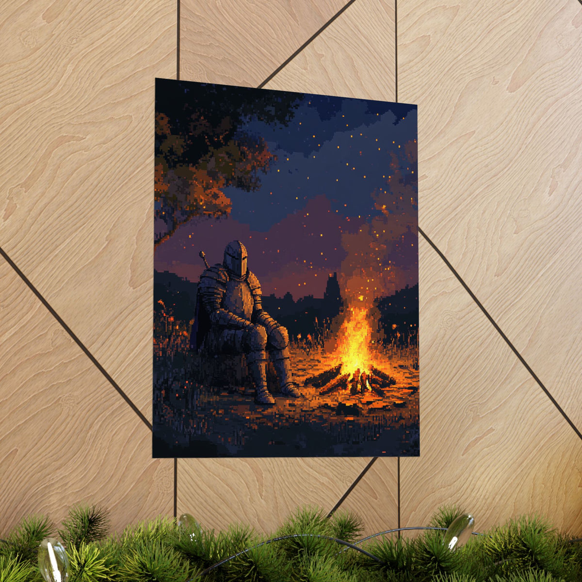 Medieval Knight Campfire Matte Vertical Poster | Cozy Decor for Gamers & Fantasy Lovers