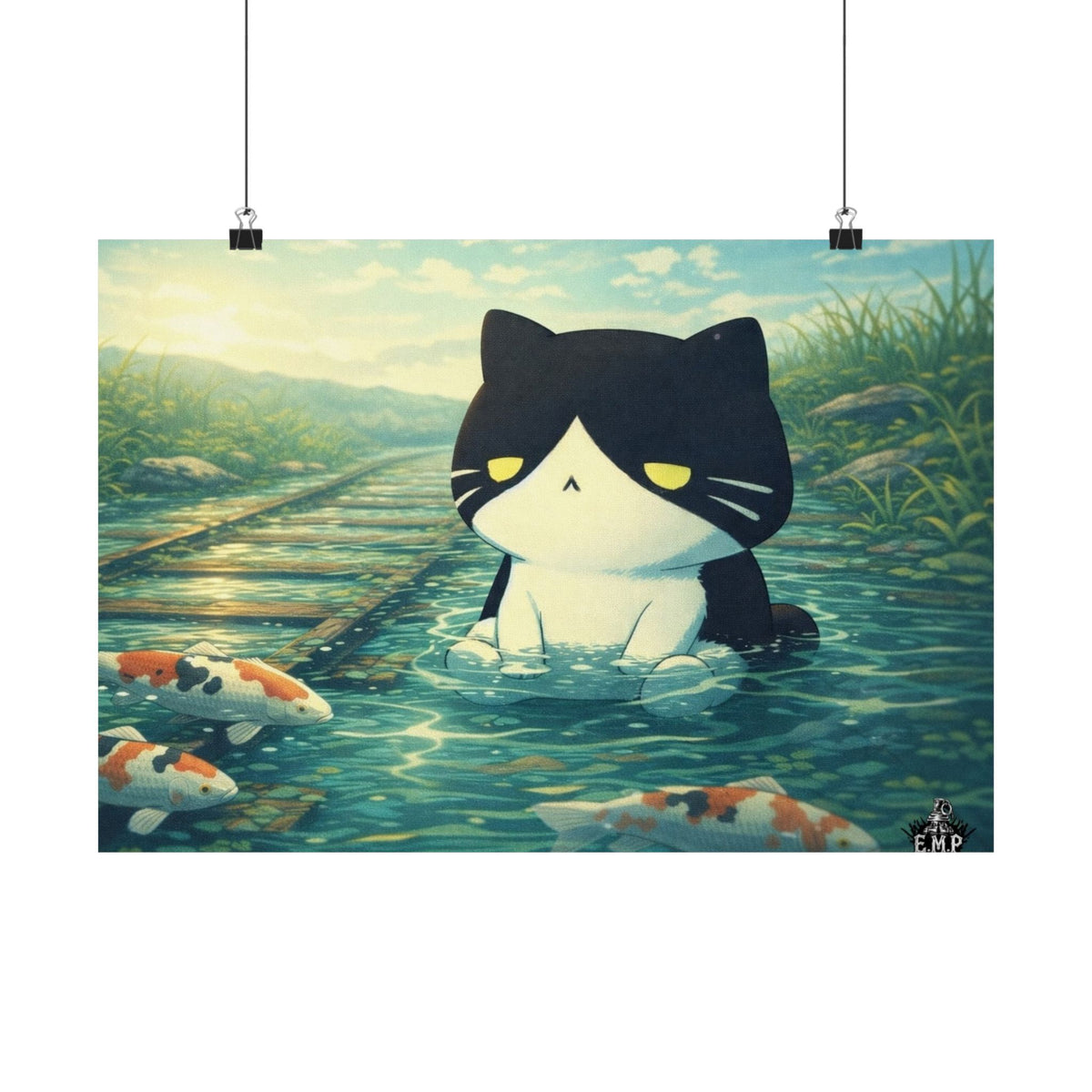 Kawaii Cat Pond Matte Horizontal Poster — Cute Cat with Koi Fish Wall Art