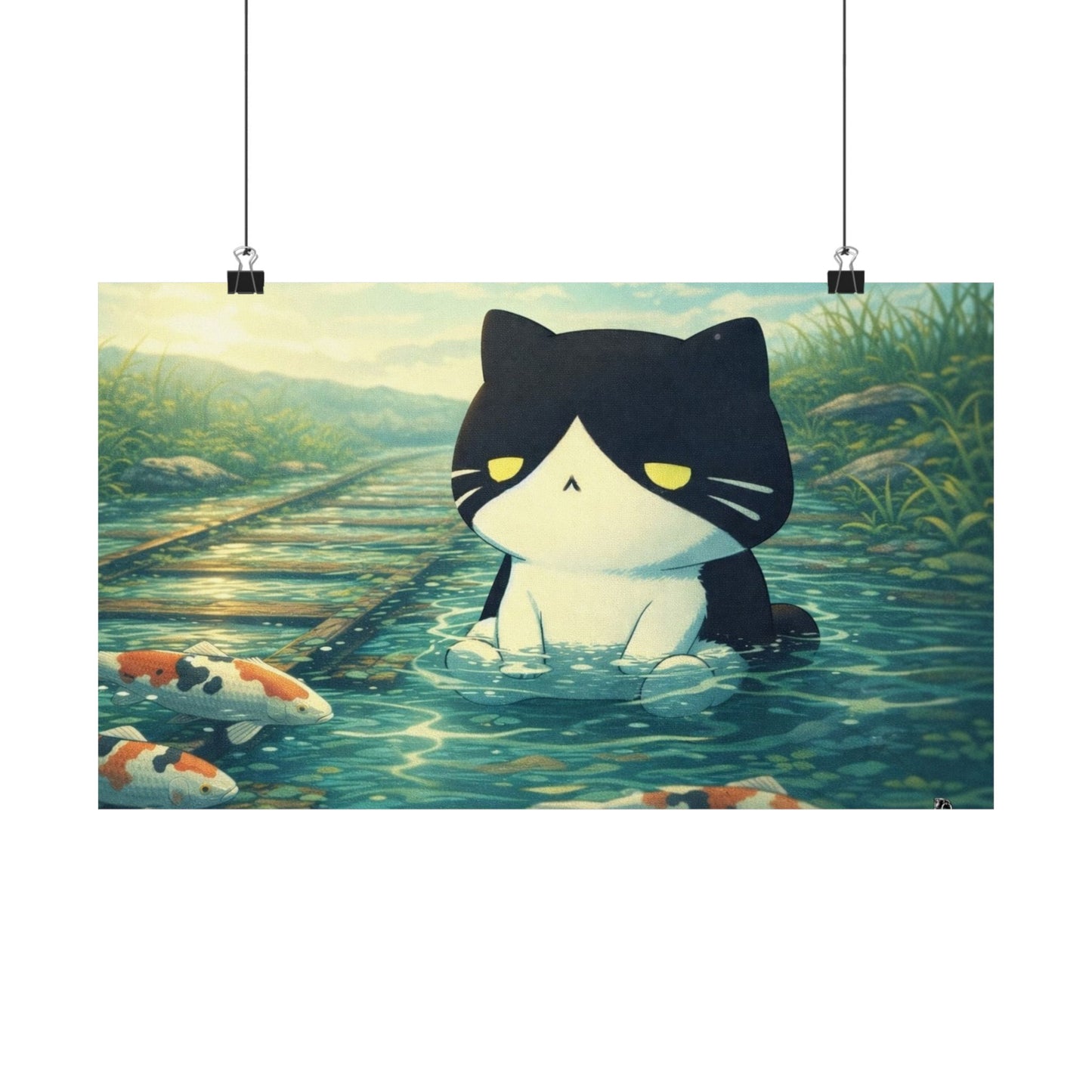 Kawaii Cat Pond Matte Horizontal Poster — Cute Cat with Koi Fish Wall Art