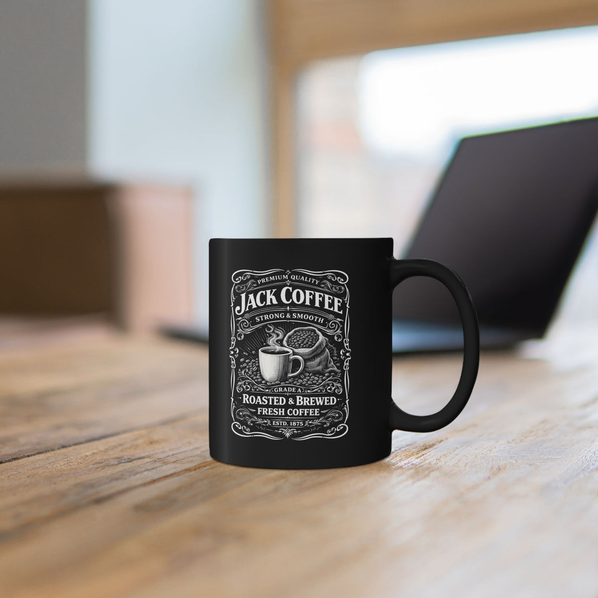 Jack Coffee Vintage Label Black Mug – Roasted & Brewed 11oz/15oz