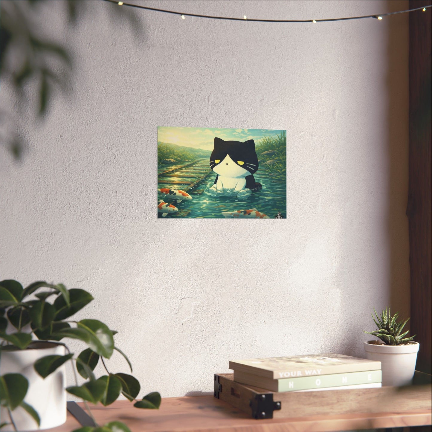 Kawaii Cat Pond Matte Horizontal Poster — Cute Cat with Koi Fish Wall Art