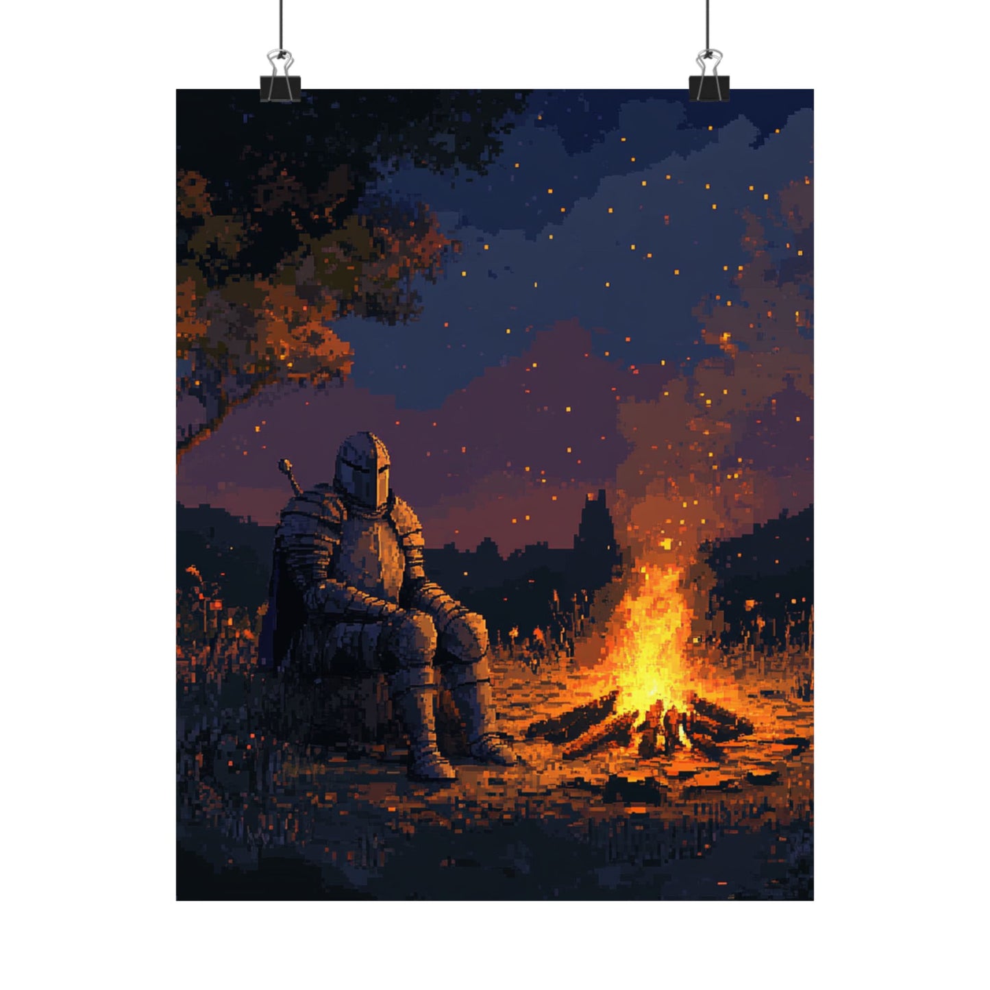 Medieval Knight Campfire Matte Vertical Poster | Cozy Decor for Gamers & Fantasy Lovers