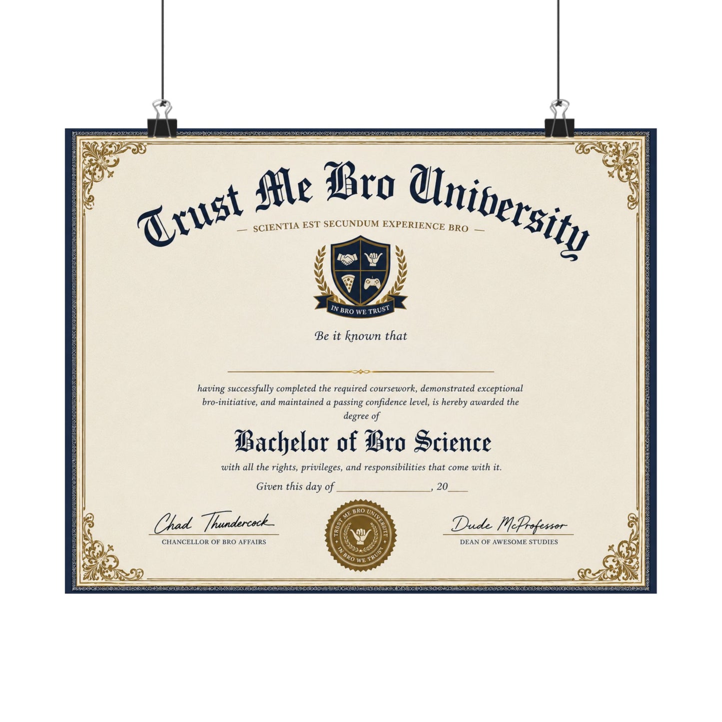 Trust Me Bro University Diploma Satin Poster — Novelty 'Bachelor of Bro Science' Certificate