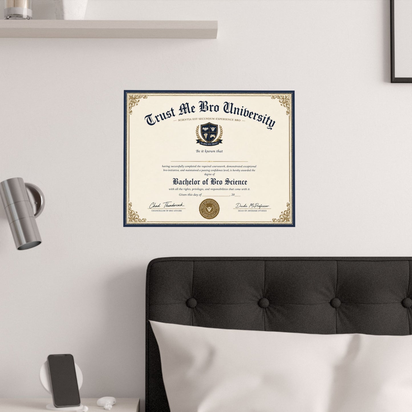 Trust Me Bro University Diploma Satin Poster — Novelty 'Bachelor of Bro Science' Certificate
