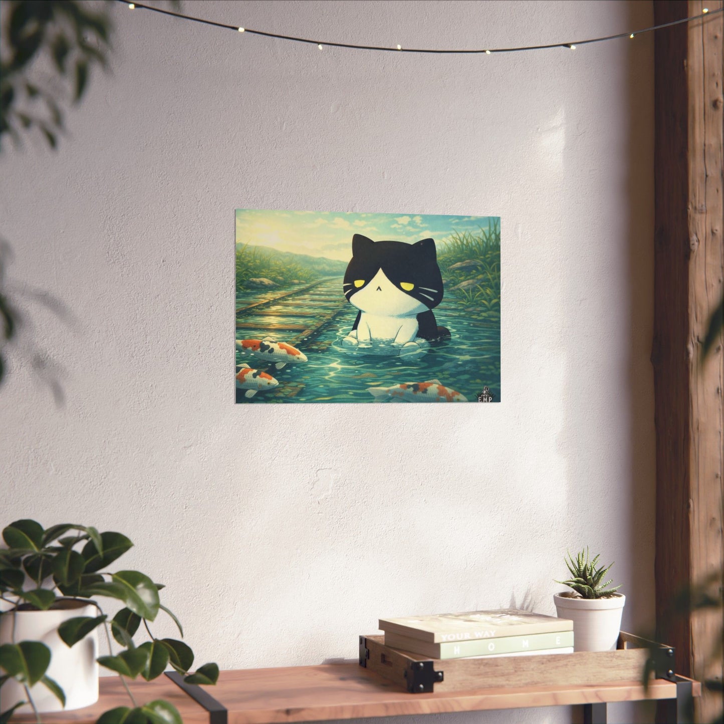 Kawaii Cat Pond Matte Horizontal Poster — Cute Cat with Koi Fish Wall Art