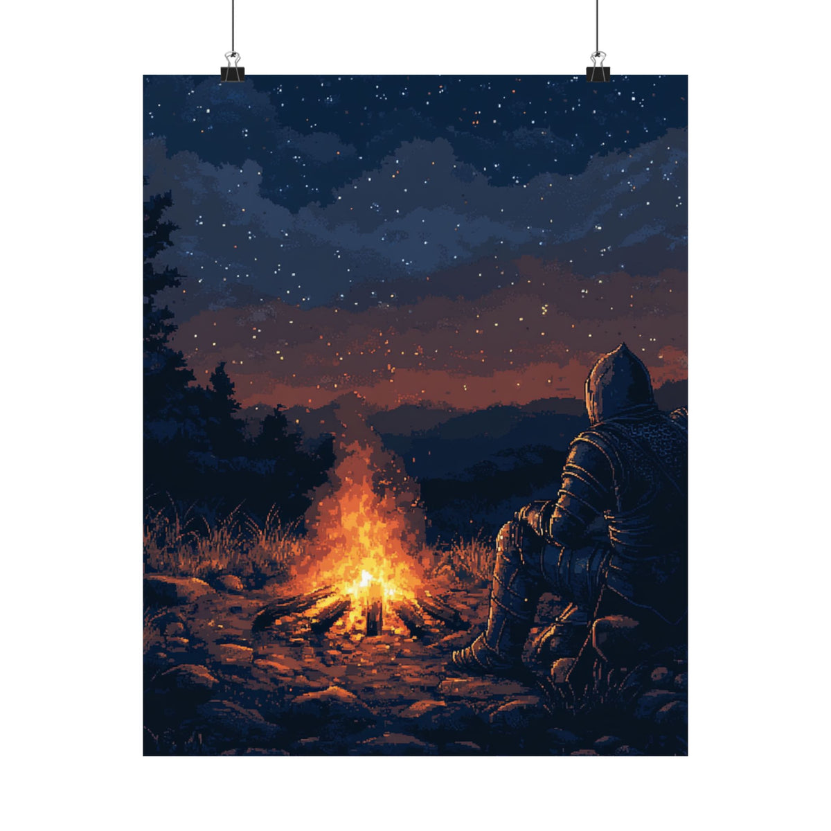 Serene Campfire Knight Matte Vertical Poster - Fantasy Wall Art for Adventurers