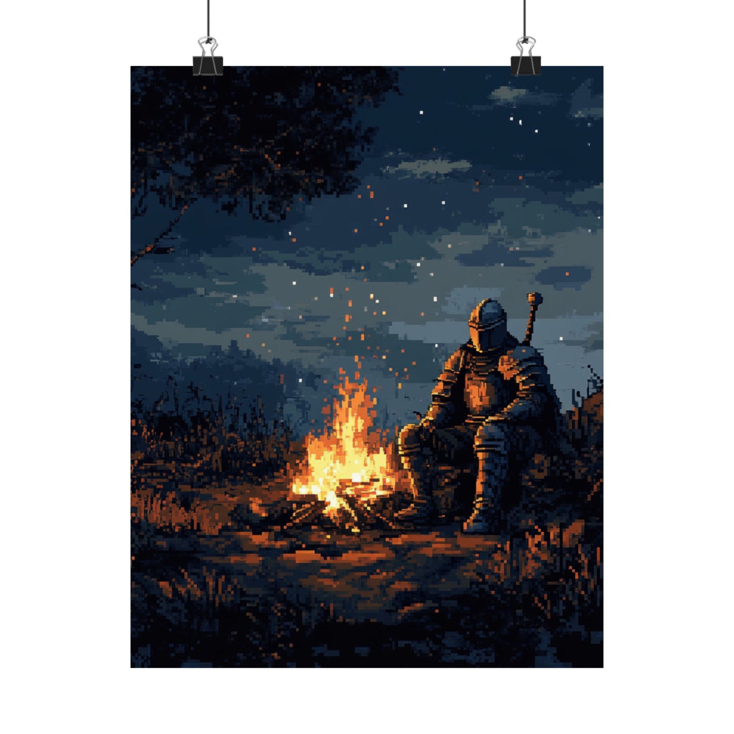 Epic Knight Campfire Matte Vertical Poster - Retro Pixel Art Decor