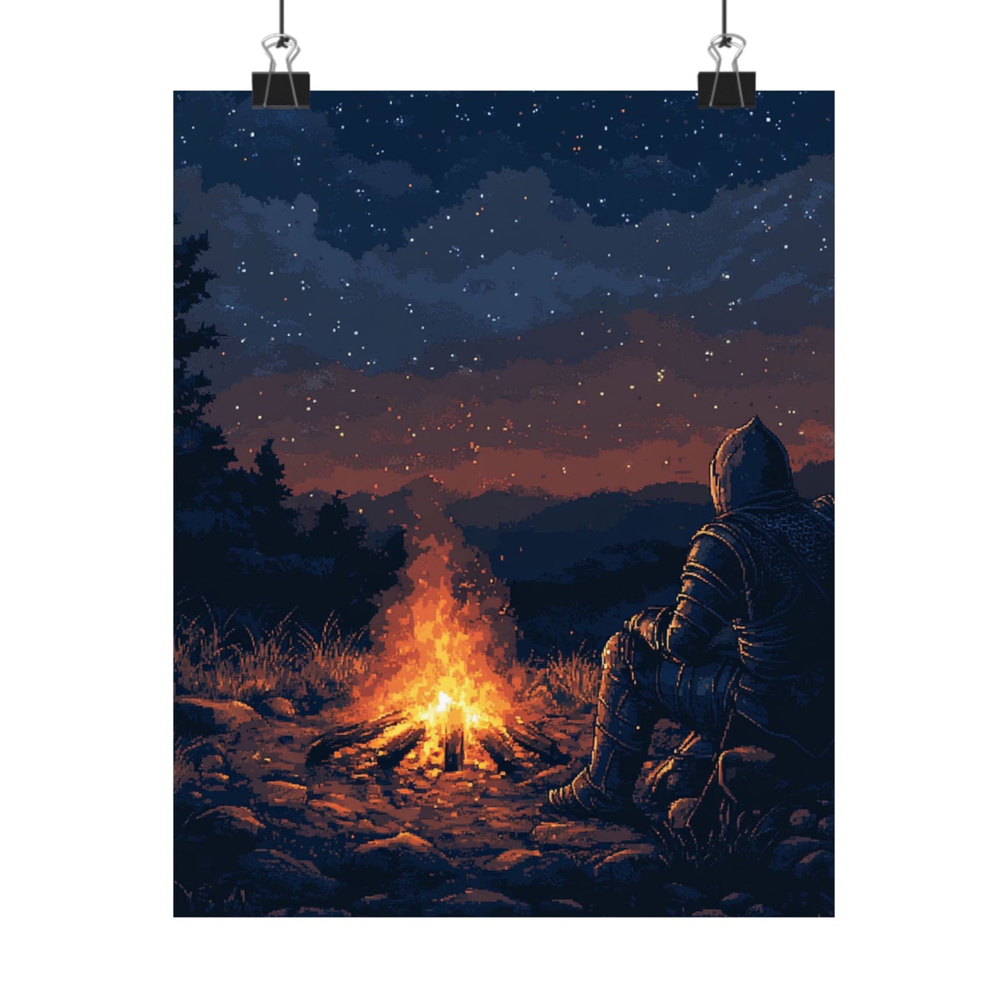 Serene Campfire Knight Matte Vertical Poster - Fantasy Wall Art for Adventurers