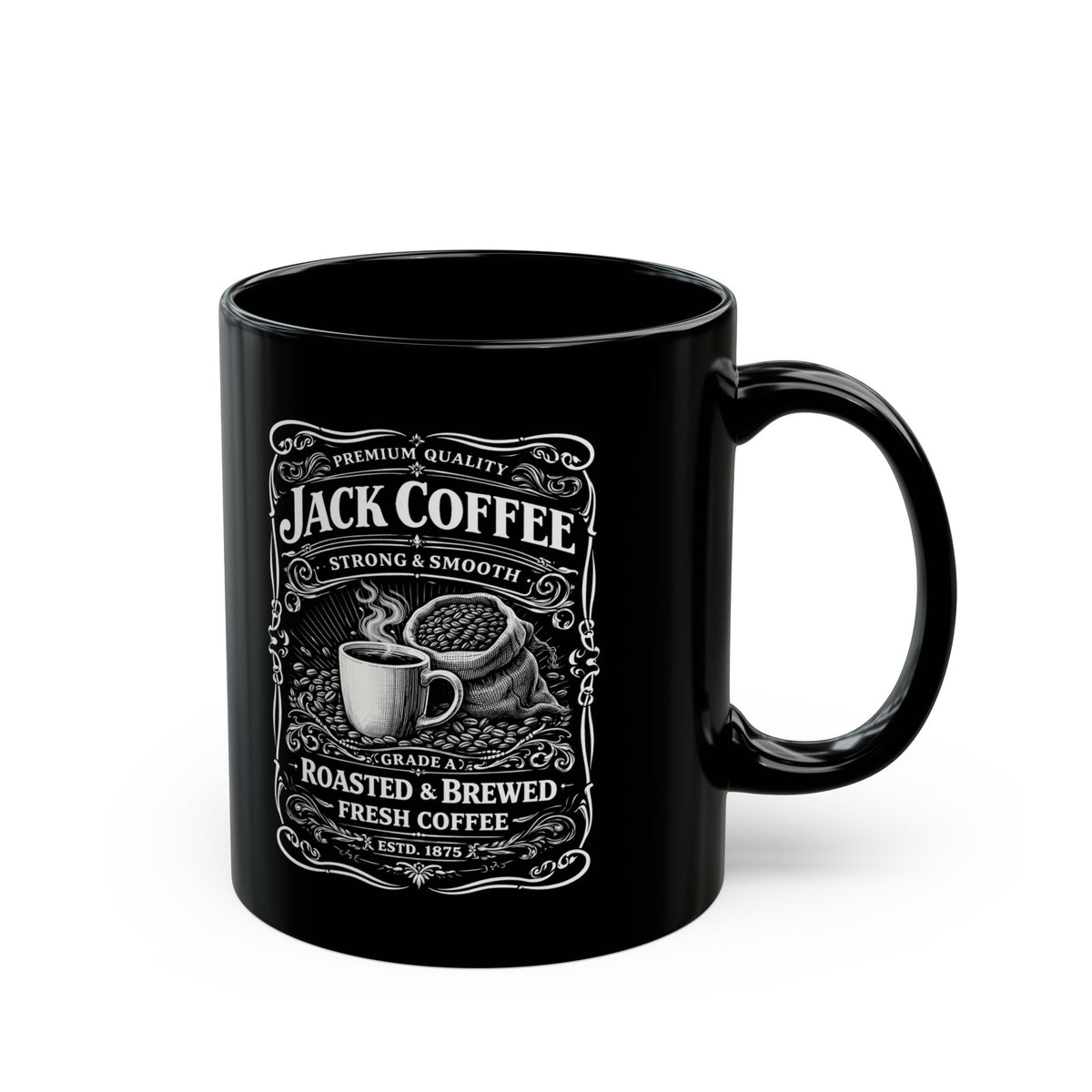 Jack Coffee Vintage Label Black Mug – Roasted & Brewed 11oz/15oz
